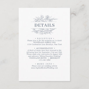 Elegante stoffige blauwe bloemenkrans bruiloft det informatiekaartje