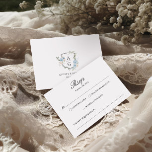 Elegante stoffige blauwe bloemenmonogram crest RSVP kaartje