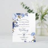 Elegante stoffige blauwe bloemenreceptie bruiloft (Staand voorkant)