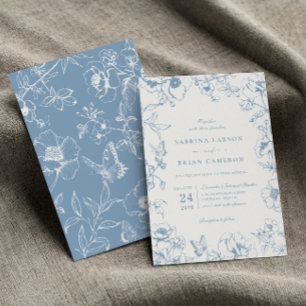 Elegante stoffige blauwe bloementuin bruiloft kaart