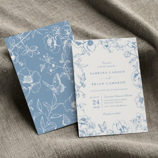 Elegante stoffige blauwe bloementuin bruiloft kaart