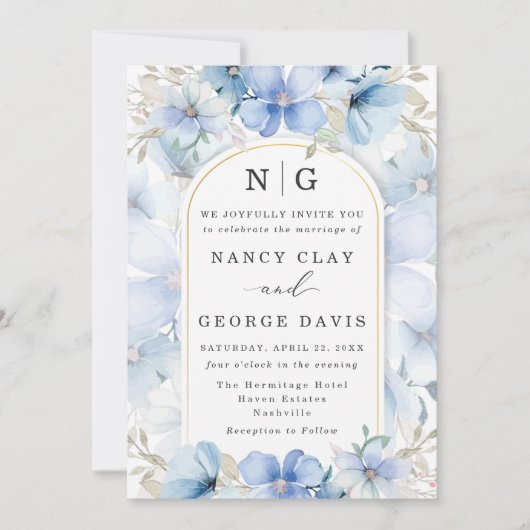 Elegante stoffige blauwe bloementuin Monogram brui Kaart (Voorkant)