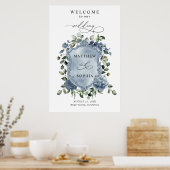 Elegante stoffige blauwe bloemige huwelijksembleem poster (Keuken)