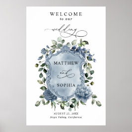 Elegante stoffige blauwe bloemige huwelijksembleem poster