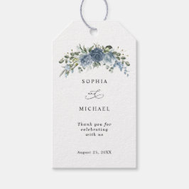 Elegante stoffige blauwe bloemige trouwcadeautag cadeaulabel