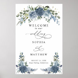 Elegante stoffige blauwe bloemige trouwposter poster