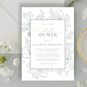 Elegante stoffige blauwe bloemlijn Art Baby shower Kaart