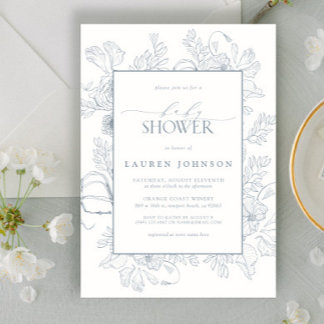 Elegante stoffige blauwe bloemlijn Art Baby shower Kaart