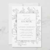 Elegante stoffige blauwe bloemlijn Art Baby shower Kaart (Voorkant)