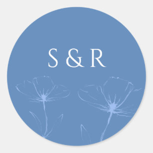 Elegante stoffige blauwe bloemrijke lijnkunst mono ronde sticker