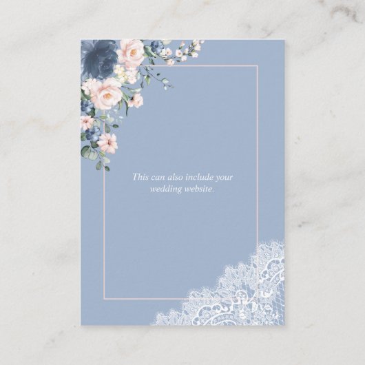 Elegante stoffige blauwe blos bloemrijke kant deta informatiekaartje (Achterkant)