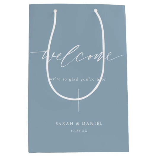 Elegante stoffige blauwe bruiloft welkomstgeschenk medium cadeauzakje (Voorkant)