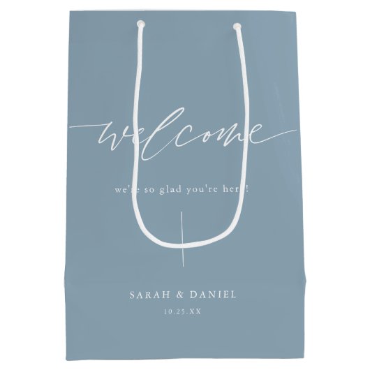 Elegante stoffige blauwe bruiloft welkomstgeschenk medium cadeauzakje (Achterkant)