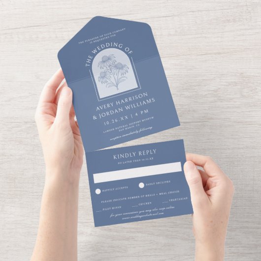 Elegante stoffige blauwe coneflower botanische bru all in one uitnodiging (Afscheurbaar)