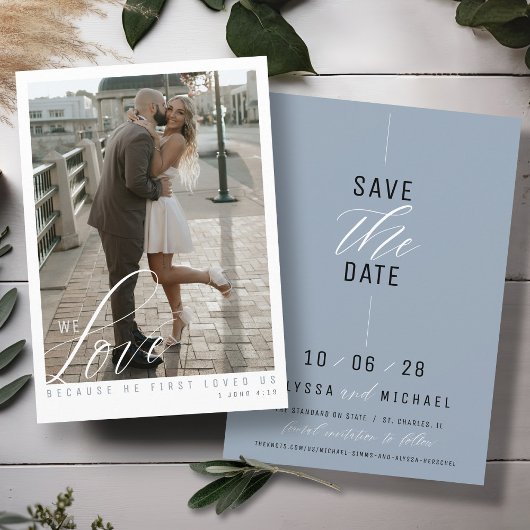 Elegante stoffige blauwe eenvoudige foto Christeli Save The Date