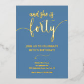 Elegante  stoffige blauwe en gouden 40 VERJAARDAGS Folie Uitnodiging (Voorkant)