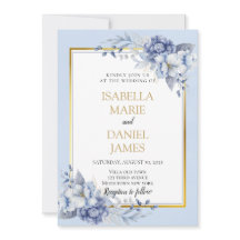 Elegante stoffige blauwe en gouden bloemenbruiloft