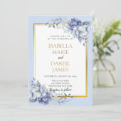 Elegante stoffige blauwe en gouden bloemenbruiloft kaart (Staand voorkant)