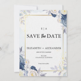 Elegante stoffige blauwe en gouden bloemenbruiloft save the date