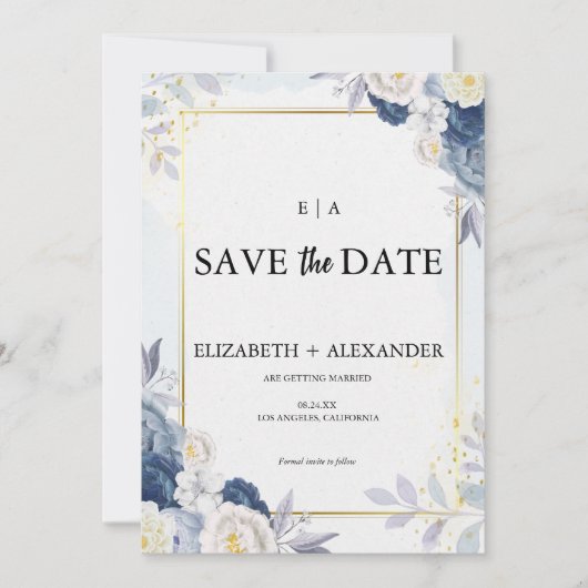 Elegante stoffige blauwe en gouden bloemenbruiloft save the date (Voorkant)