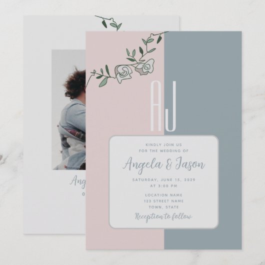 Elegante stoffige blauwe en roze bloemen foto brui kaart (Voorkant / Achterkant)