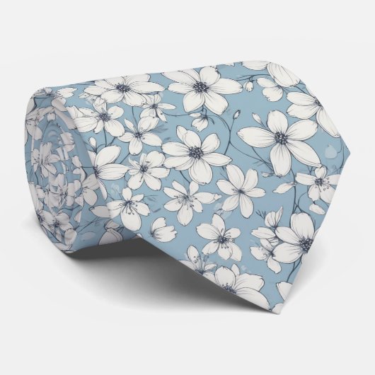 Elegante stoffige blauwe en witte bloemen stropdas (Opgerold)
