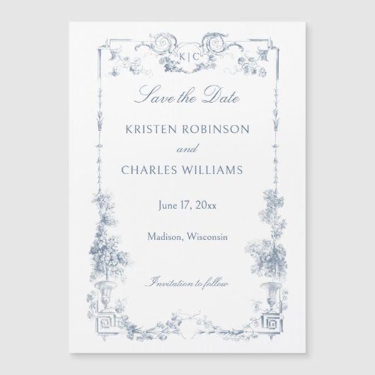 Elegante stoffige blauwe Franse bloem Save the Dat Magnetische Uitnodiging (Voorkant)