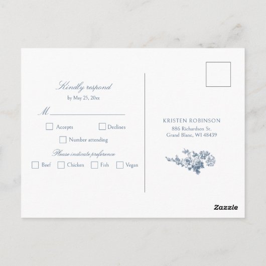 Elegante stoffige blauwe Franse bloemenkam RSVP Briefkaart (Achterkant)