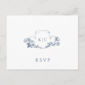 Elegante stoffige blauwe Franse bloemenkam RSVP Briefkaart (Voorkant)