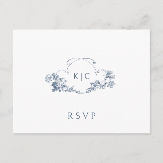 Elegante stoffige blauwe Franse bloemenkam RSVP Briefkaart (Voorkant)