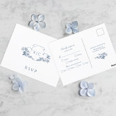Elegante stoffige blauwe Franse bloemenkam RSVP Briefkaart