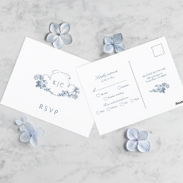 Elegante stoffige blauwe Franse bloemenkam RSVP Briefkaart