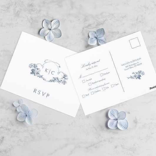 Elegante stoffige blauwe Franse bloemenkam RSVP Briefkaart