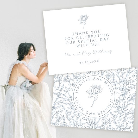 Elegante stoffige blauwe Franse bruiloft bedankjes Bedankkaart