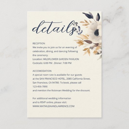 Elegante stoffige blauwe gouden winter bloemenbrui informatiekaartje (Voorkant)