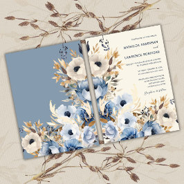 Elegante stoffige blauwe gouden winter bloemenbrui kaart