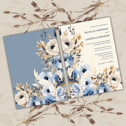 Elegante stoffige blauwe gouden winter bloemenbrui kaart