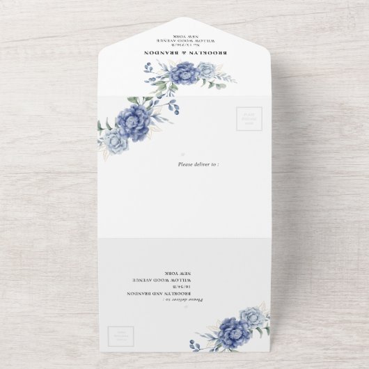 Elegante stoffige blauwe groen bruiloft benodigdhe all in one uitnodiging (Buitenkant)