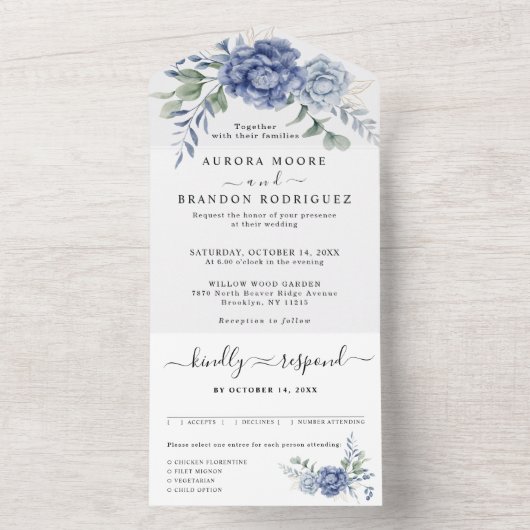 Elegante stoffige blauwe groen bruiloft benodigdhe all in one uitnodiging (Binnen)