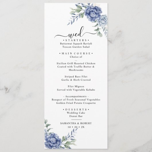 Elegante stoffige blauwe groen bruiloft benodigdhe menu (Voorkant)