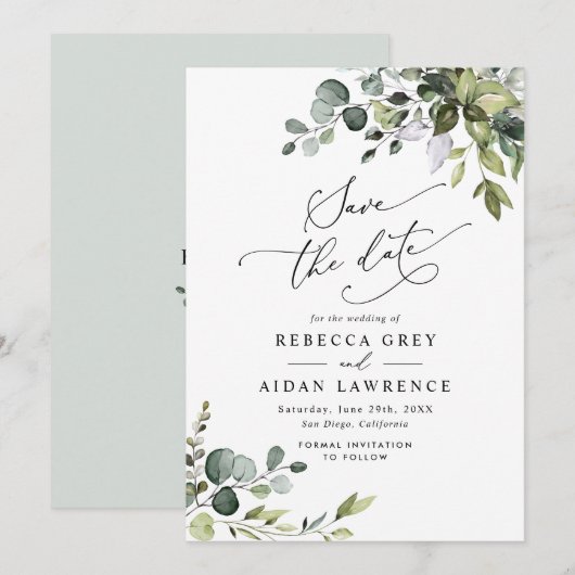 Elegante stoffige blauwe groene planten Huwelijksa Kaart (Voorkant / Achterkant)