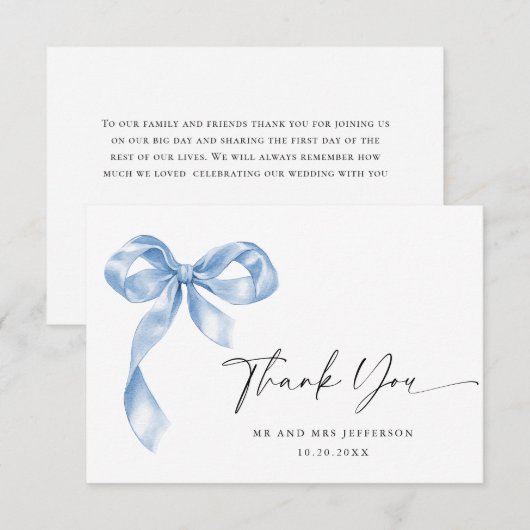 Elegante stoffige blauwe hand getekende boog bruil bedankkaart (Voorkant / Achterkant)