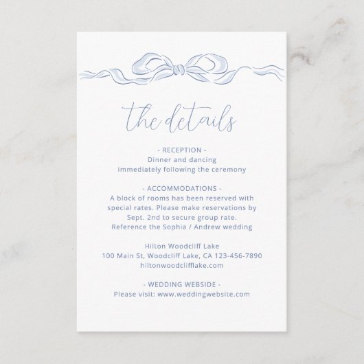 Elegante stoffige blauwe hand getekende boog bruil informatiekaartje (Voorkant)