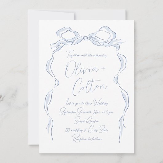 Elegante stoffige blauwe hand getekende boog bruil kaart (Voorkant)