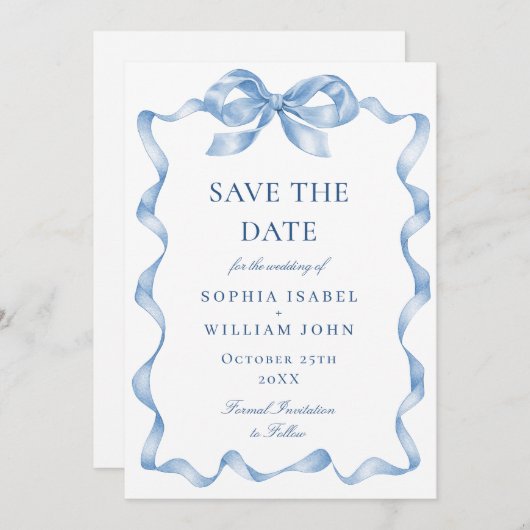 Elegante stoffige blauwe hand getekende boog bruil save the date (Voorkant / Achterkant)