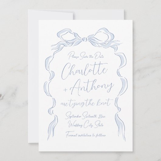 Elegante stoffige blauwe hand getekende boog save the date (Voorkant)