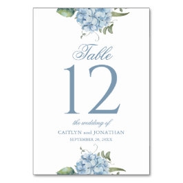 Elegante stoffige blauwe hortensia huwelijks tafel kaart
