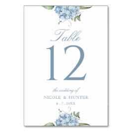 Elegante stoffige blauwe hortensia huwelijks tafel kaart