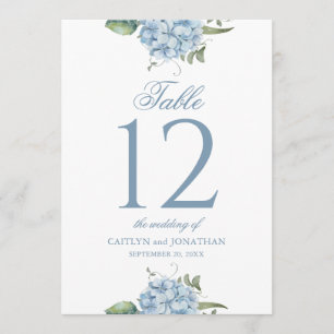 Elegante stoffige blauwe hortensia huwelijks tafel kaart