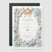 Elegante stoffige blauwe hortensia's faux in relië magnetische uitnodiging (Voorkant / Achterkant)